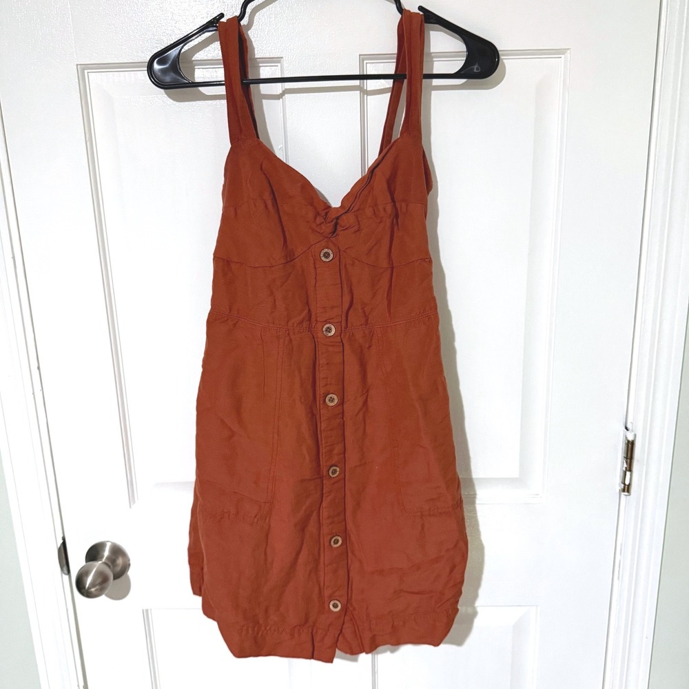 Maeve Anthropologie Rust Orange Linen Blend Button Front Mini Dress Small